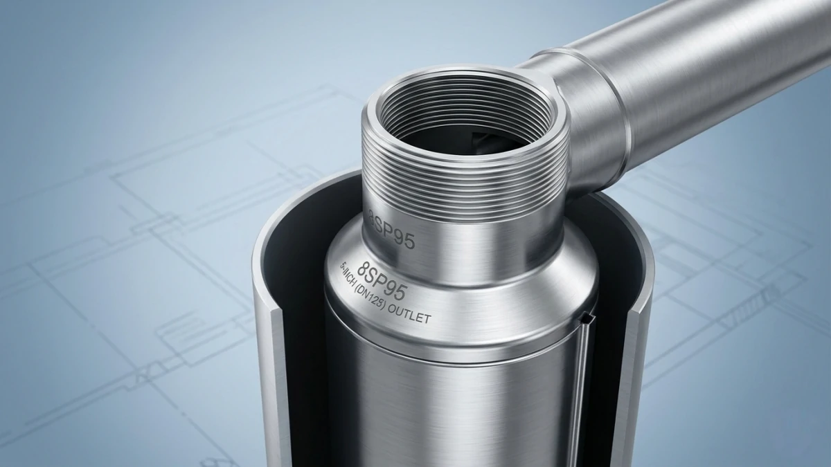 Close-up of the DN125 (5-inch) stainless steel discharge outlet on a high-capacity 8 inch submersible well pump.