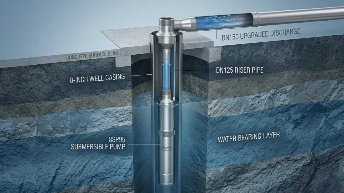 Cross-section diagram showing an 8 inch submersible well pump installed inside a well casing with a DN125 riser pipe.