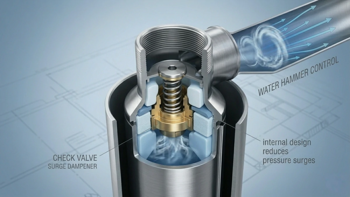 Cutaway view of the internal check valve in an 8 inch submersible well pump designed for water hammer control and surge dampening.
