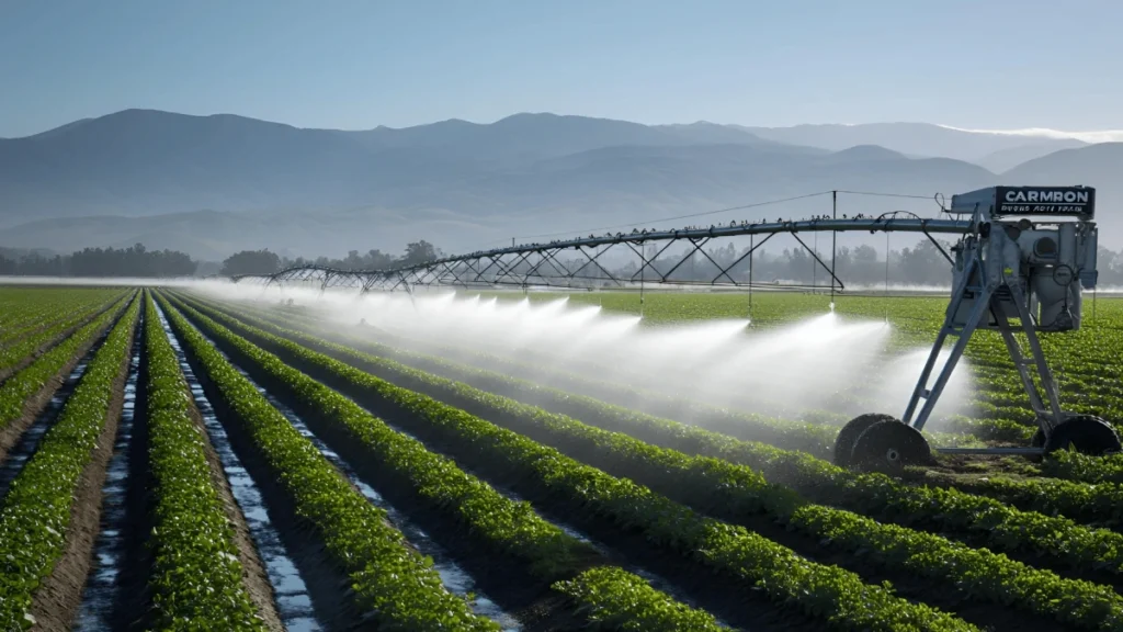 A large-scale automated linear-move irrigation system spraying water over a field, likely powered by a powerful 8 inch borehole pump in a agricultural area.