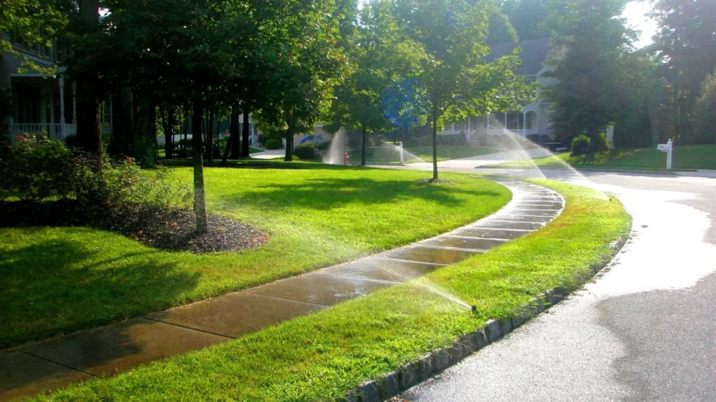 Active lawn sprinklers along a curved sidewalk in a commercial landscape, demonstrating the versatile pressure and flow provided by a 4 inch fountain pump.