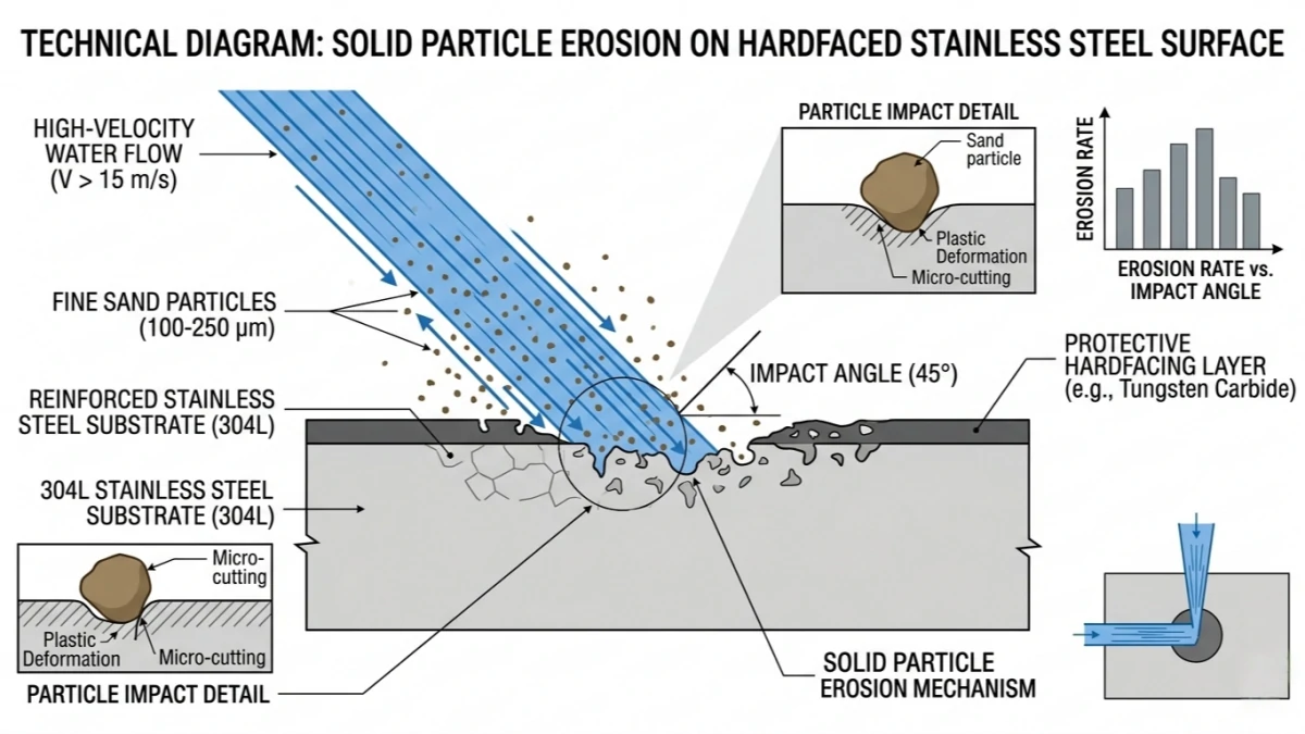 Technical diagram illustrating the solid particle erosion mechanism on a hardfaced stainless steel surface, showing how fine sand particles impact and cause micro-cutting on a 10 inch submersible pump impeller or casing.