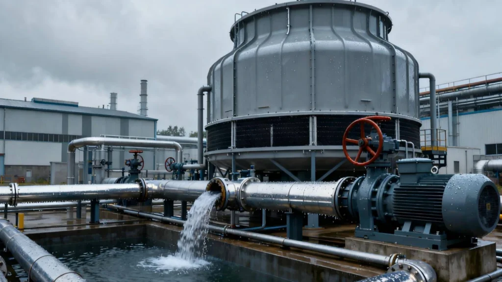Industrial cooling and water supply Industrial water discharge system powered by a high-flow stainless steel fountain pump.