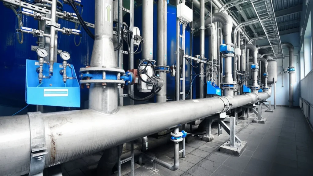 A modern indoor water pressure boosting station featuring multi-stage vertical pumps and a control panel, designed to work alongside a high capacity 6 inch submersible pump for high-rise buildings.