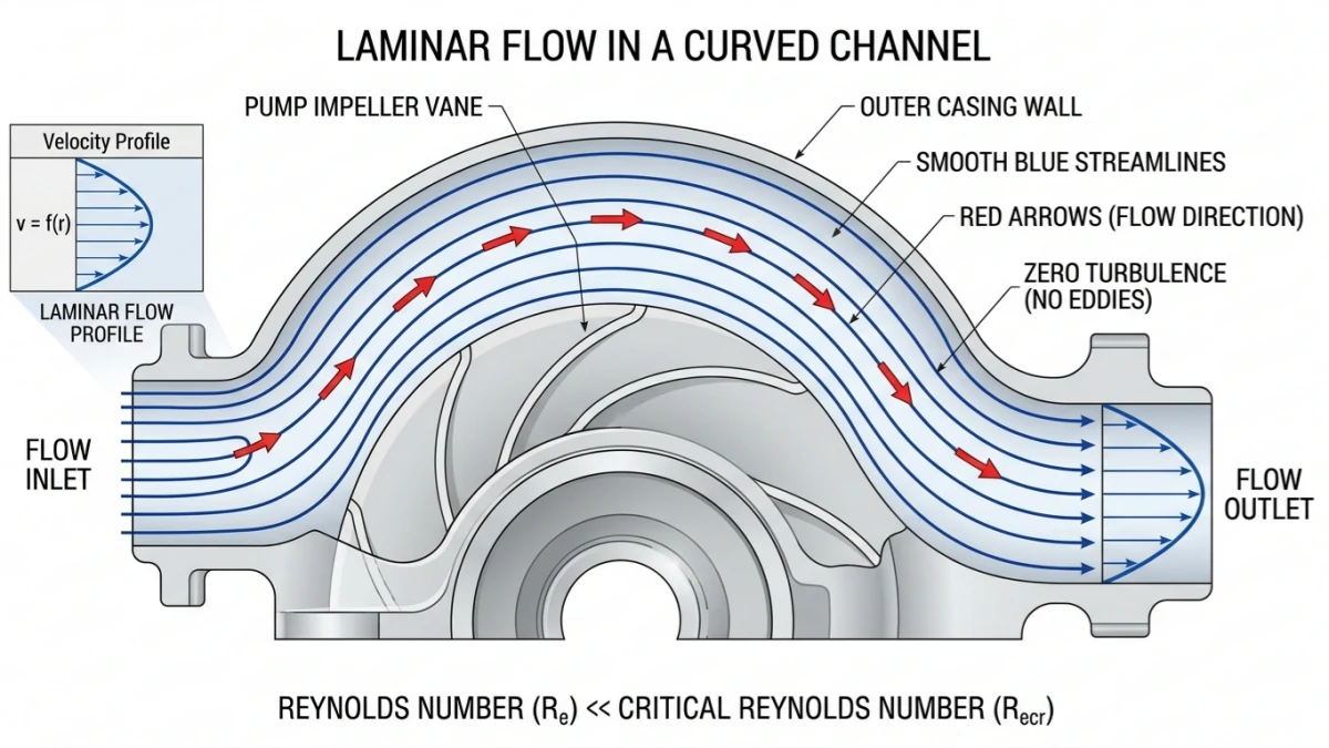 Engineering diagram of laminar flow in a curved channel, showcasing smooth blue streamlines and zero turbulence within the volute and impeller vanes of a 10 inch submersible pump.