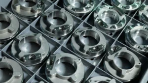 Close-up of stainless steel machined parts for fountain pumps organized for inspection.