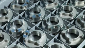Rows of precision CNC machined valve components for high-pressure submersible pumps.