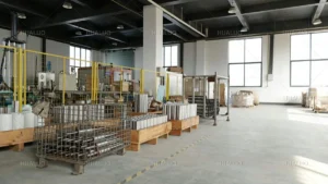 Large-scale production and storage area for motor parts at a water pump factory.