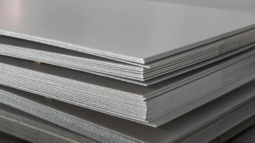 Stacks of stainless steel plates for 8 inch borehole pump part production.