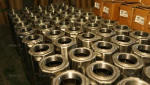 Multiple stainless steel housings for submersible water pumps on a production line.
