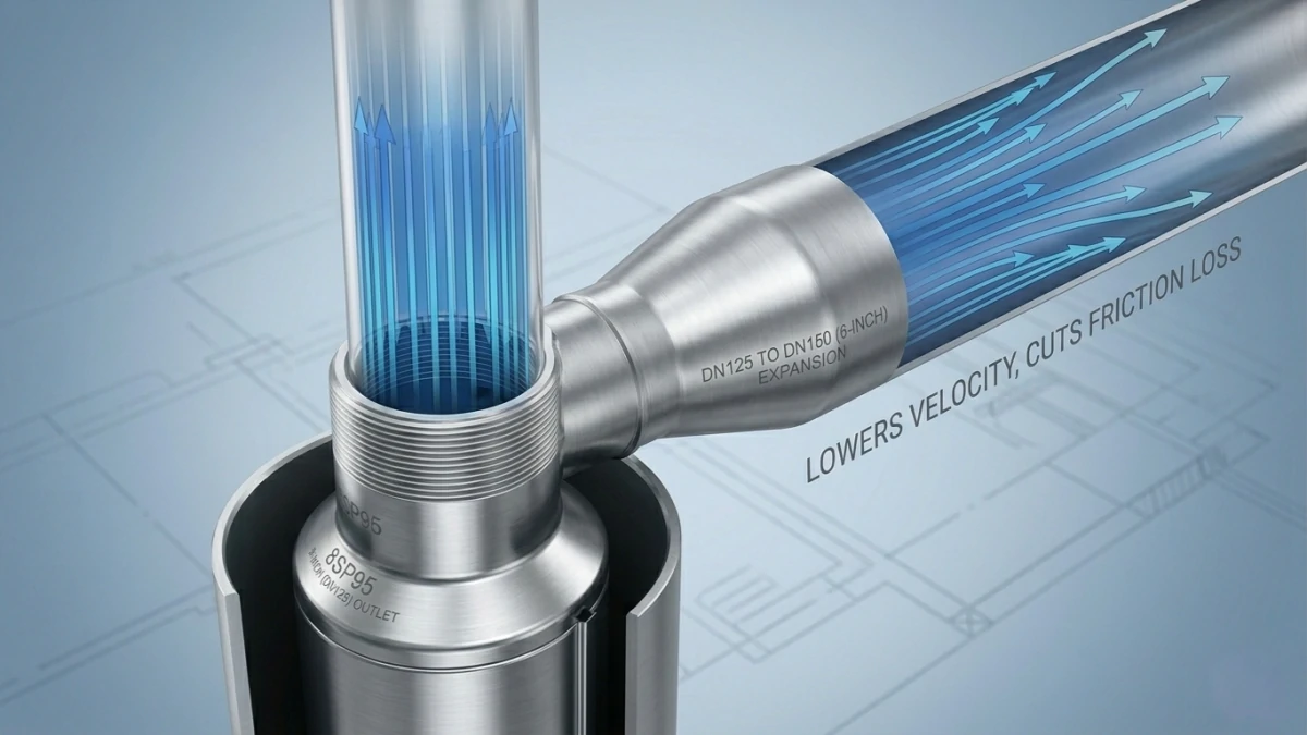 8 inch submersible well pump discharge piping expanding from DN125 to DN150 to reduce water velocity and friction loss.