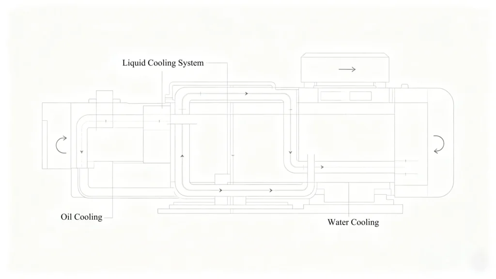 Liquid Cooling System Internal liquid cooling and circulation diagram for a submersible fountain pump motor.